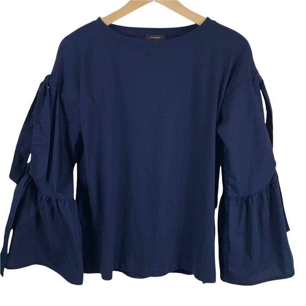 Halogen Sz Small Blouse Long Bell Sleeves Knit Top Navy Blue Cut Outs Womens Top